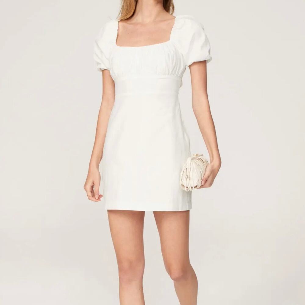 Louna Tie Back Puff Sleeve Cotton Mini Dress Women's XS White Bachelorette